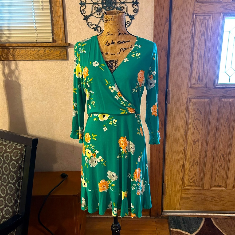 LOFT Green Floral Wrap Dress